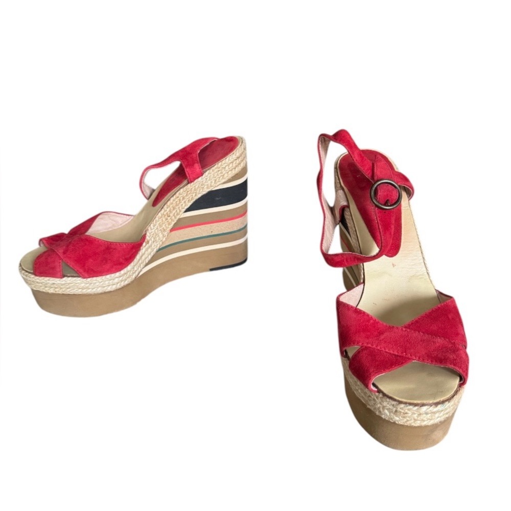 Anthropologie Andre Assous Women’s Red Suede Wedge Espadrille Sandals Shoes, 9